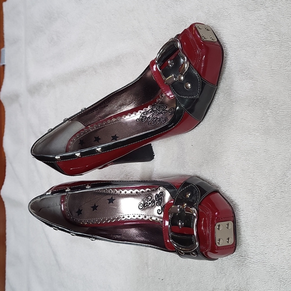 Naughty Monkey " Walk the Talk" Red & Black Gunmetal Studded Leather Heels